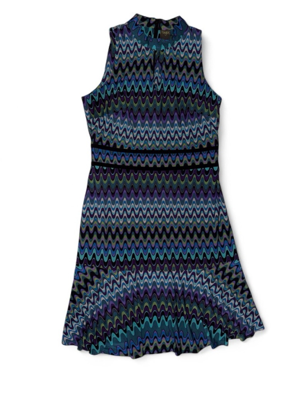 Taylor Sleeveless Wave-Print A-Line Dress in Blue, Purple & Teal